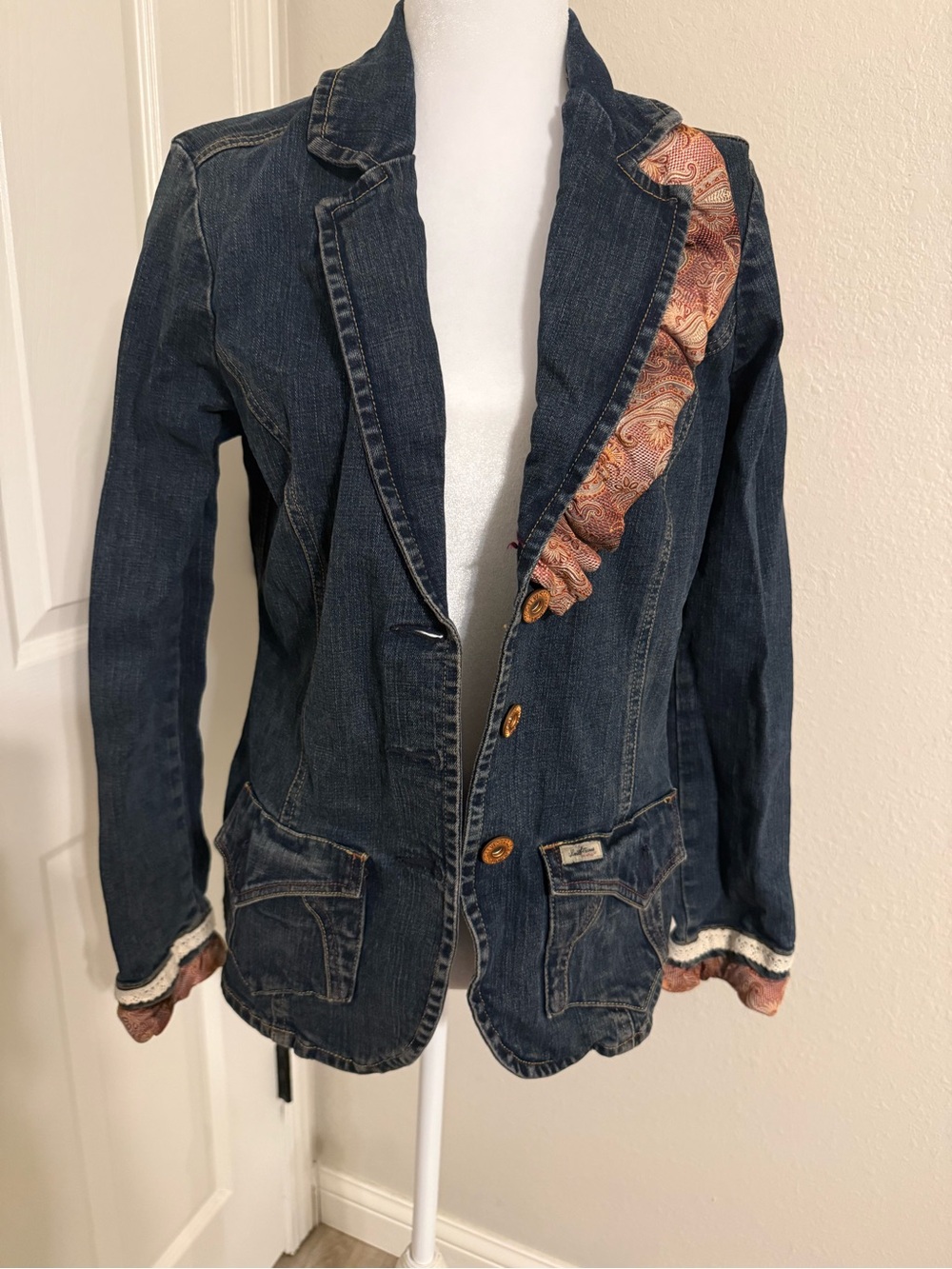 Vintage Dark Blue Denim Blazer with Paisley Trim